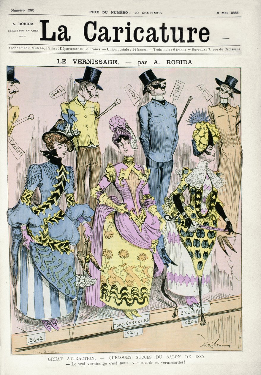 「ニス塗りの日」、雑誌「ラカリカチュア」の表紙イラスト、1885年5月9日（カラー彫刻） 作： アルバート・ロビダ