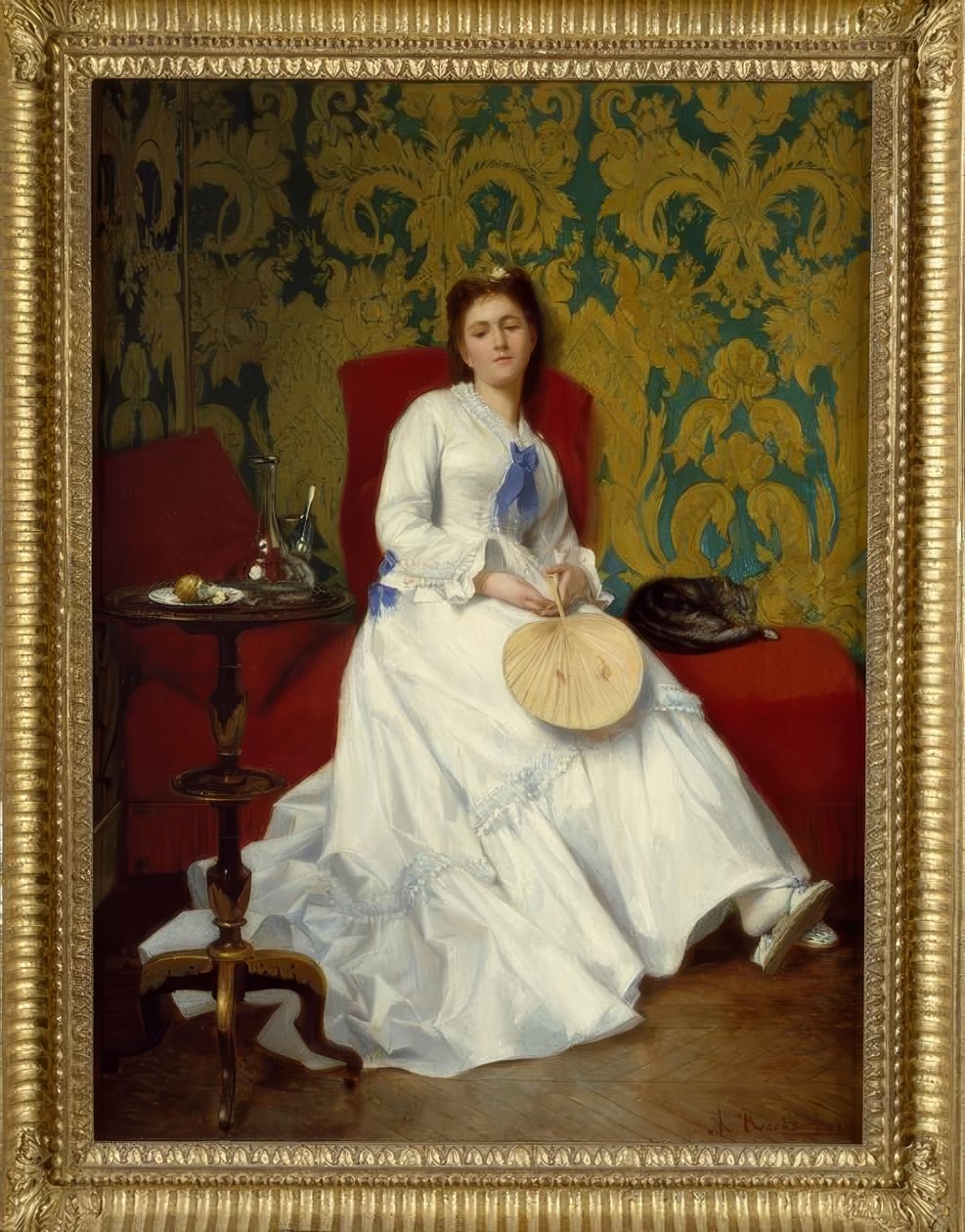 アルバート・ルーゼンブーム、ファンのある白衣の女性-絵画、19世紀 作： アルバート・ルーゼンブーム