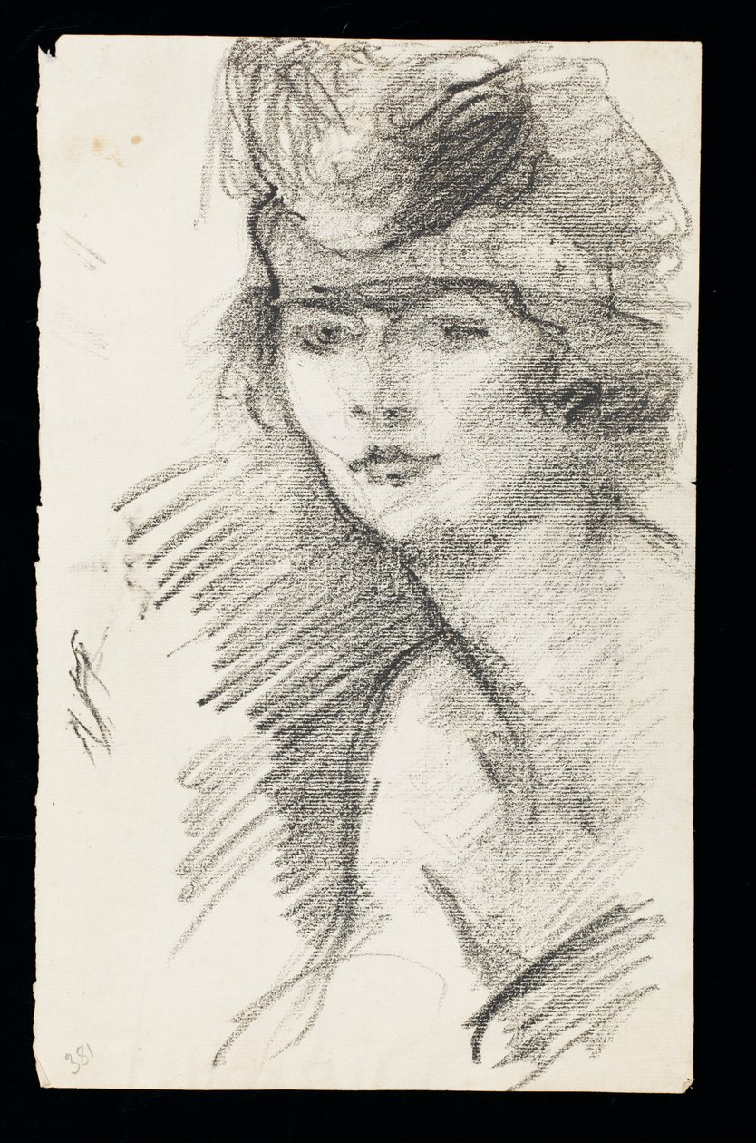 モデルの研究、ヘアバンド付き、c.1900（紙に木炭） 作： アルベール・ド・ベルエロッシュ
