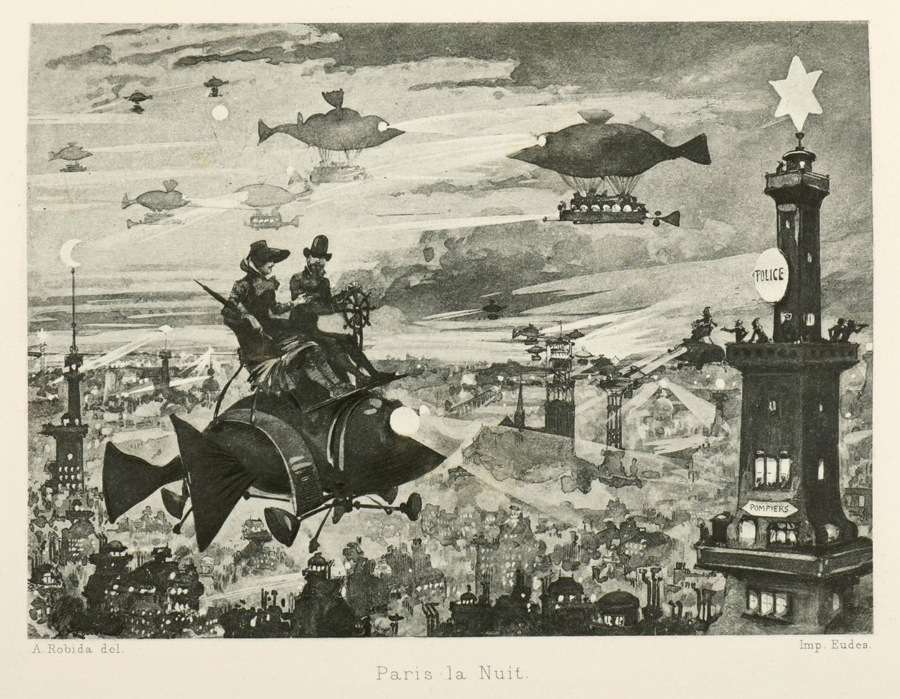 夜のパリ、20 世紀、1880 年。 作： アルバート・ロビダ