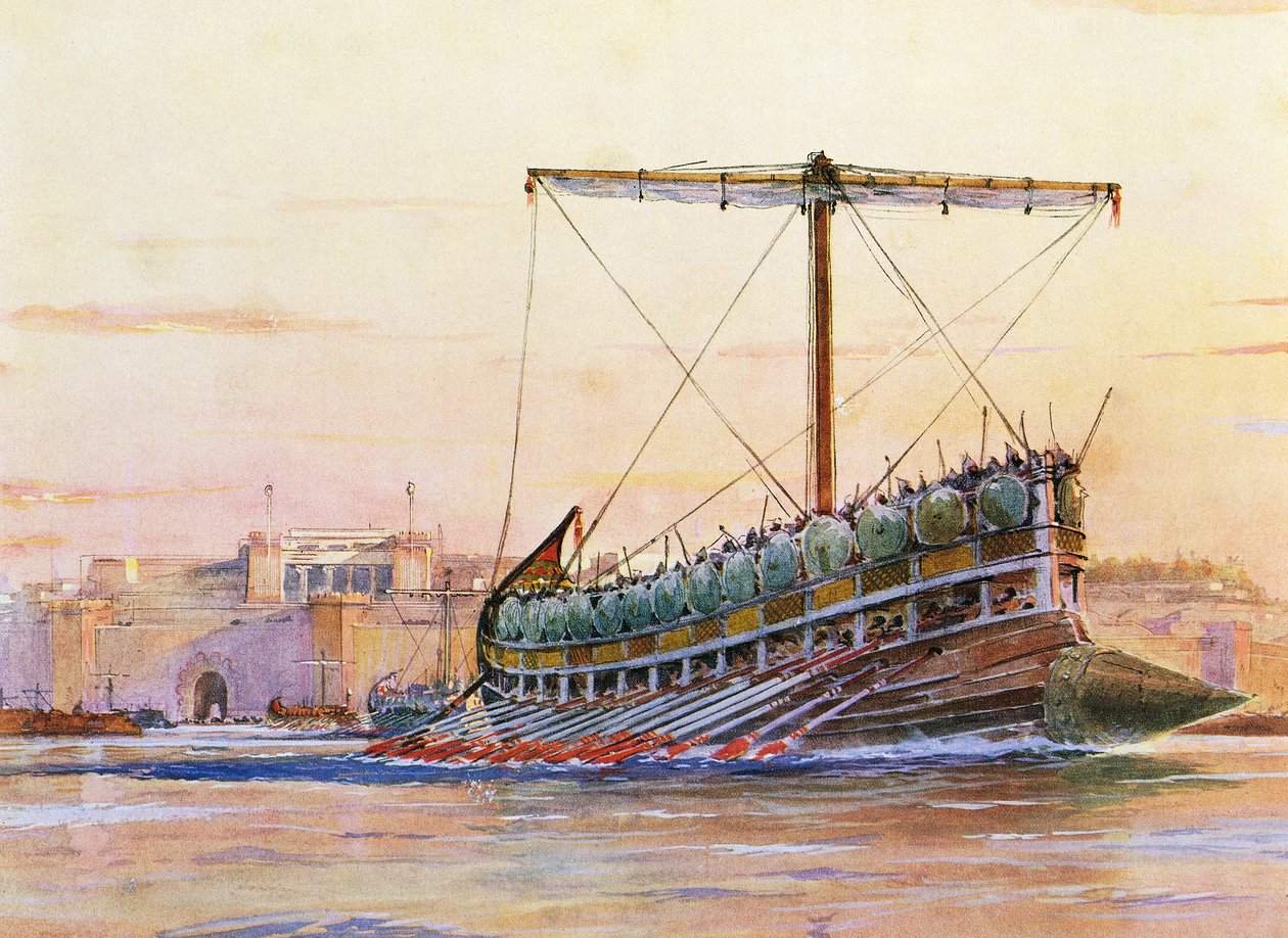 アッシリアのガレー船、アルベール・セビーユ（1874～1953）の水彩画 作： アルバート・セビレ