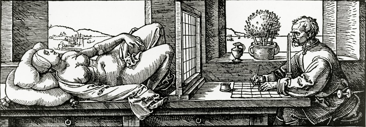 1525年に出版されたデューラーの「測定に関する4冊」のイラスト 作： アルブレヒト・デューラー