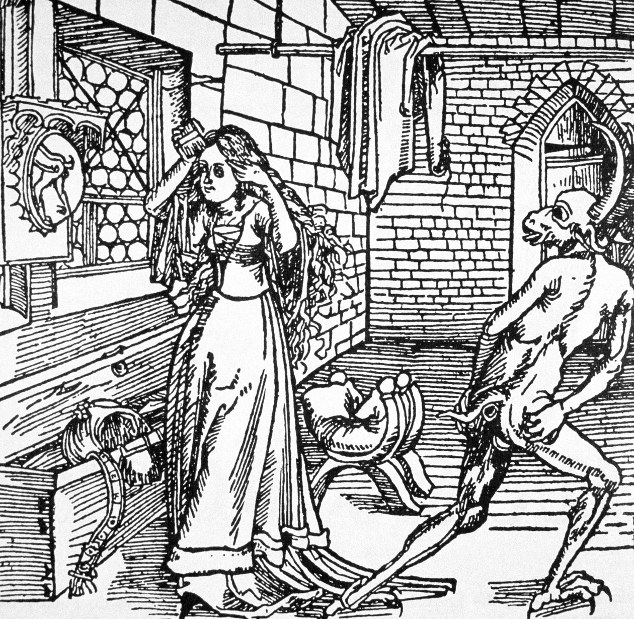 悪魔とコケット、「魔法の歴史」で使用された「Der Ritter von Turm」（アウグスブルク、1498）のイラストのコピー、19世紀後半に発行（418916も参照） 作： アルブレヒト・デューラー