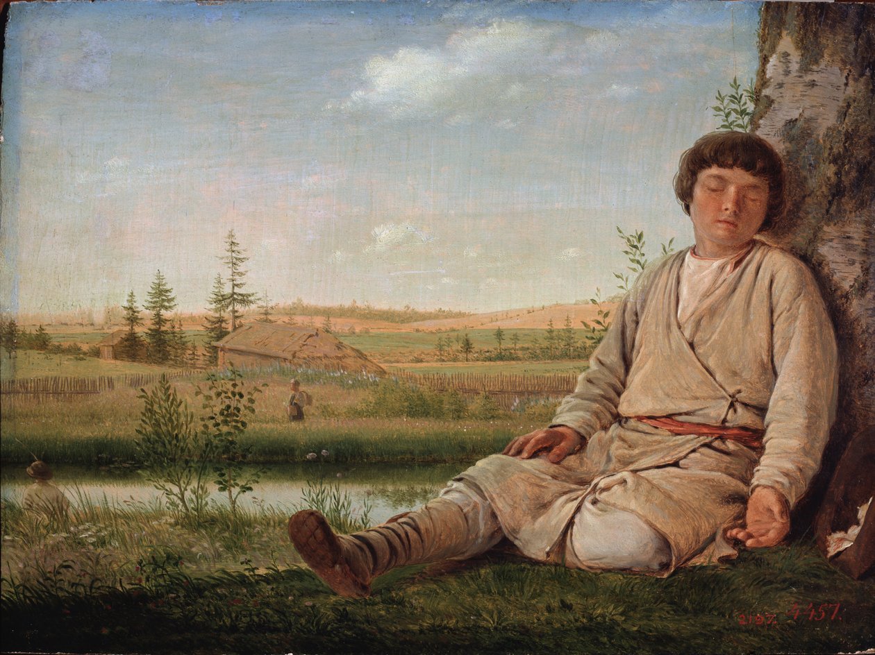 眠っている羊飼いの少年、1823 作： アレクセイ・ガブリロヴィッチ・ヴェネツィアーノフ