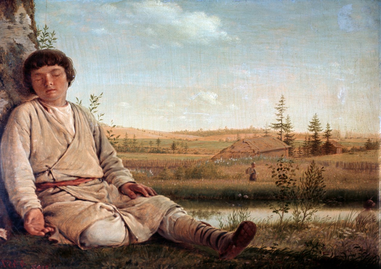 ヴェネチアーノフ（1780-1847）の「眠る羊飼い」。 作： アレクセイ・ガブリロヴィッチ・ヴェネツィアーノフ