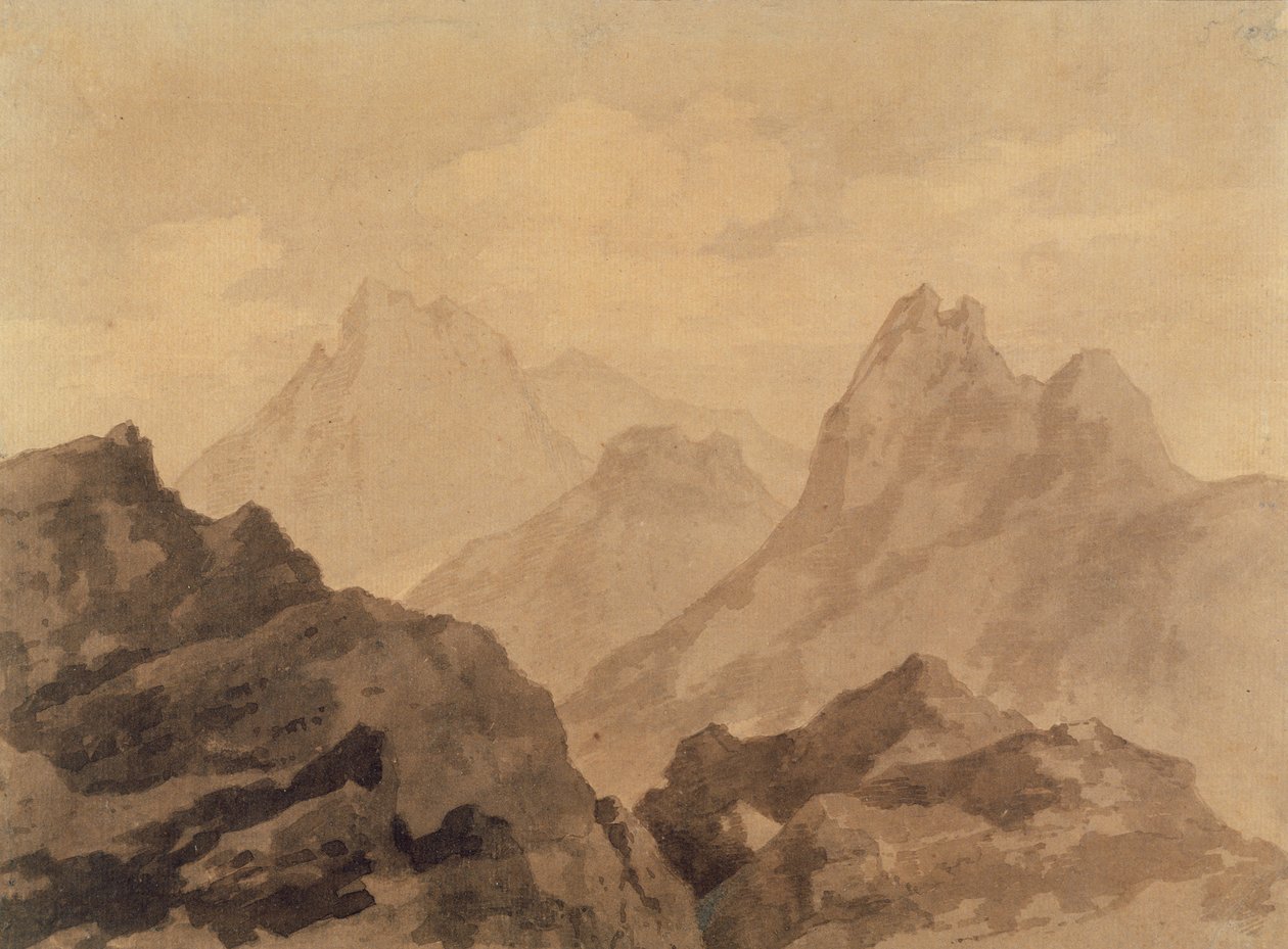 Mountain Tops（A Mountain Study）、c.1780（紙に茶色と灰色のウォッシュを施したグラファイト） 作： アレクサンダー・コゼンス