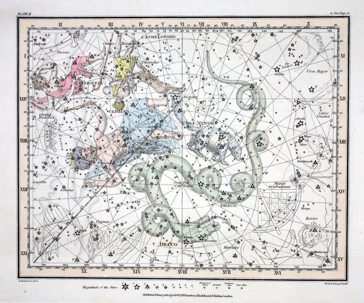 星座（プレートII）、アーサマイナー、カシオペア、タランドゥス、ケフェウス、ドラコ、クストスメシウム。ロンドン1822（手描きの彫刻） 作： アレクサンダー・ジェイミーソン