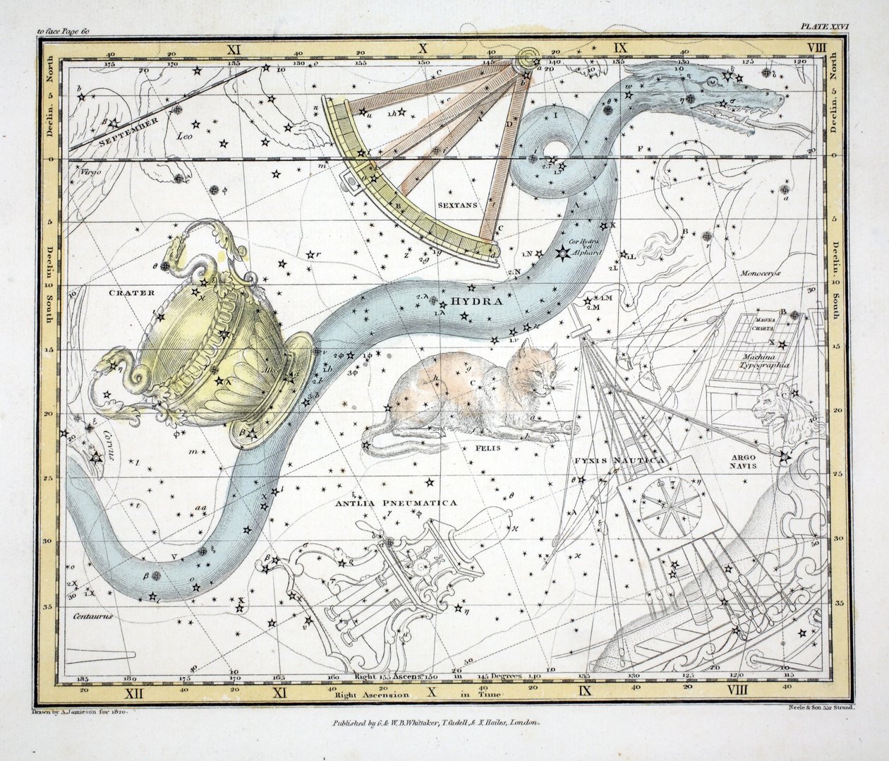 星座（プレートXXVI）Hydra、Sextanのウラニア、Le Chat、La Machine Pneumatique、Alexander Jamiesonによる &39;A Celestial Atlas&39;（パブ）。ロンドン1822（手描きの彫刻） 作： アレクサンダー・ジェイミーソン