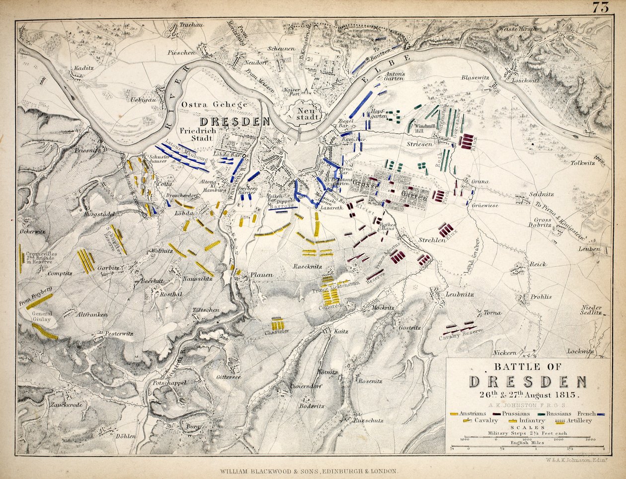 ドレスデンの戦いの地図、ウィリアムブラックウッドアンドサンズ発行、エジンバラとロンドン、1848年（手描きの彫刻） 作： アレクサンダー・キース・ジョンストン