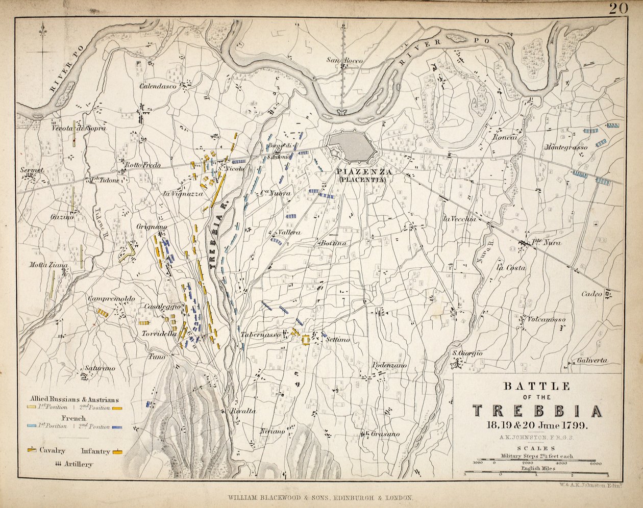 トレビアの戦いの地図、ウィリアムブラックウッドアンドサンズ発行、エジンバラとロンドン、1848年（手描きの彫刻） 作： アレクサンダー・キース・ジョンストン