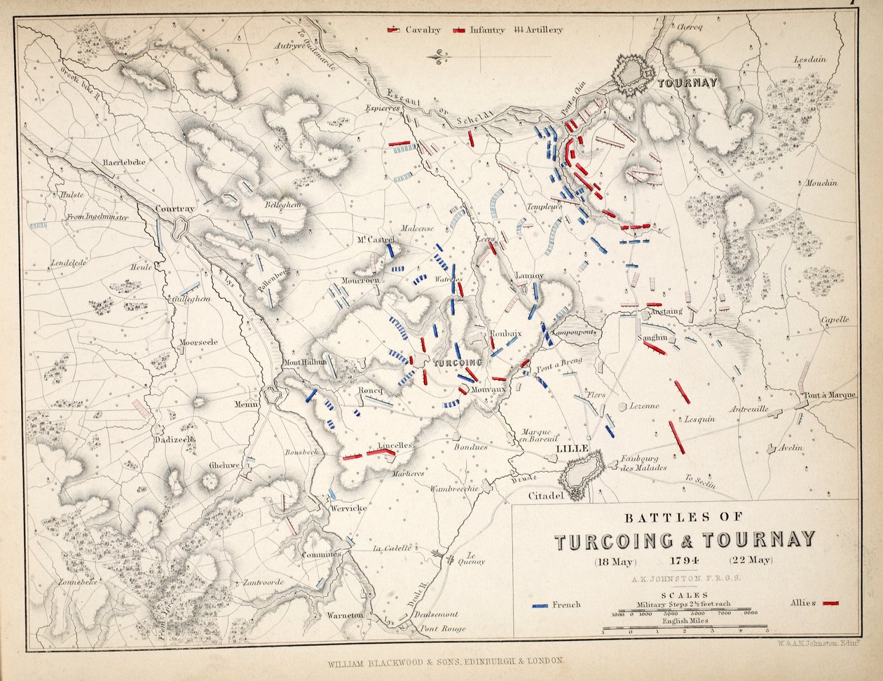 ターコイングとトゥルネーの戦いの地図、ウィリアムブラックウッドアンドサンズ発行、エジンバラとロンドン、1848年（手描きの彫刻） 作： アレクサンダー・キース・ジョンストン