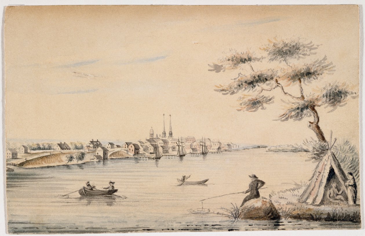 1821年にカナダの海岸から見たデトロイト（紙に鉛筆で黒インクとトイレ） 作： アレクサンダー・マコーム