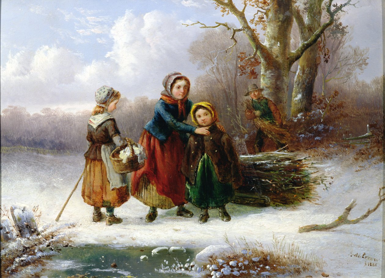 冬の風景の中の3人の女の子、1865（98604のペア） 作： アレクシス・デ・レーウ