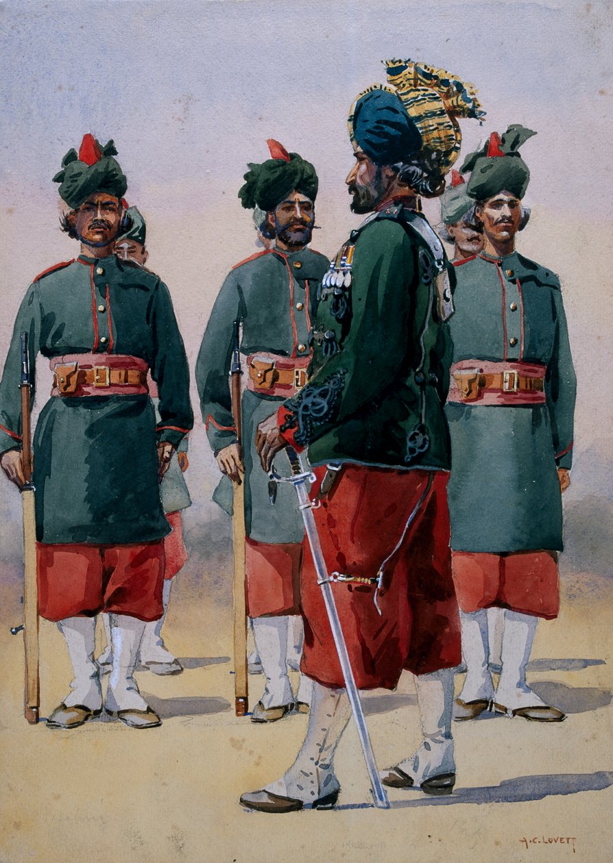 第127女王メアリー自身のBaluch Light歩兵の兵士、GFマクマン少佐による「インドの軍隊」のイラスト、1911年、1908年発行 作： アルフレッド・クローディ・ロヴェット