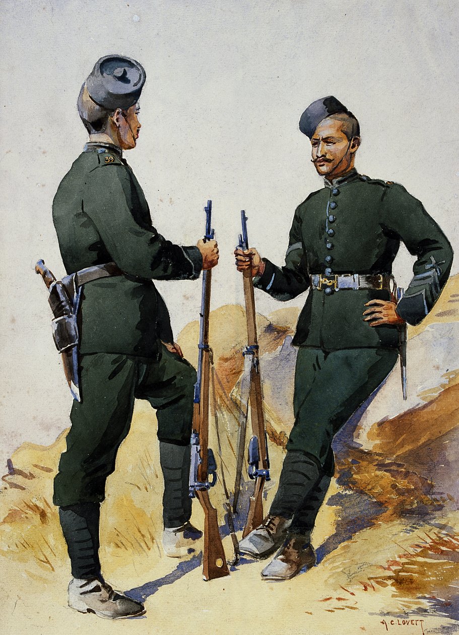 第39ガーファルライフル、ガルファリスの兵士、GFマクマン少佐による「インドの軍隊」のイラスト、1911年、1908年発行 作： アルフレッド・クローディ・ロヴェット