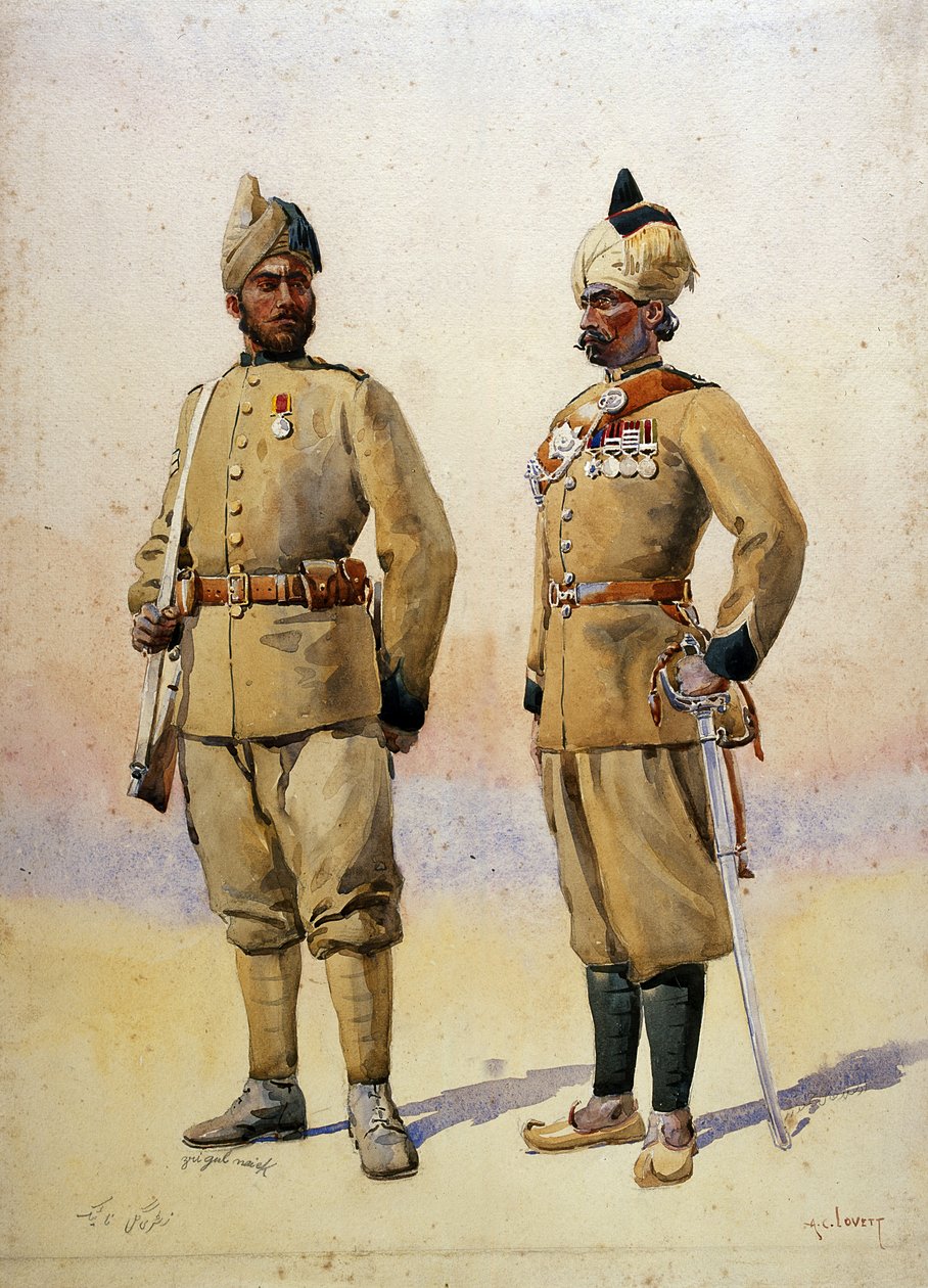 フロンティアフォースの兵士、GFマクマン少佐による「インドの軍隊」のイラスト、1908年に発行された1908年 作： アルフレッド・クローディ・ロヴェット