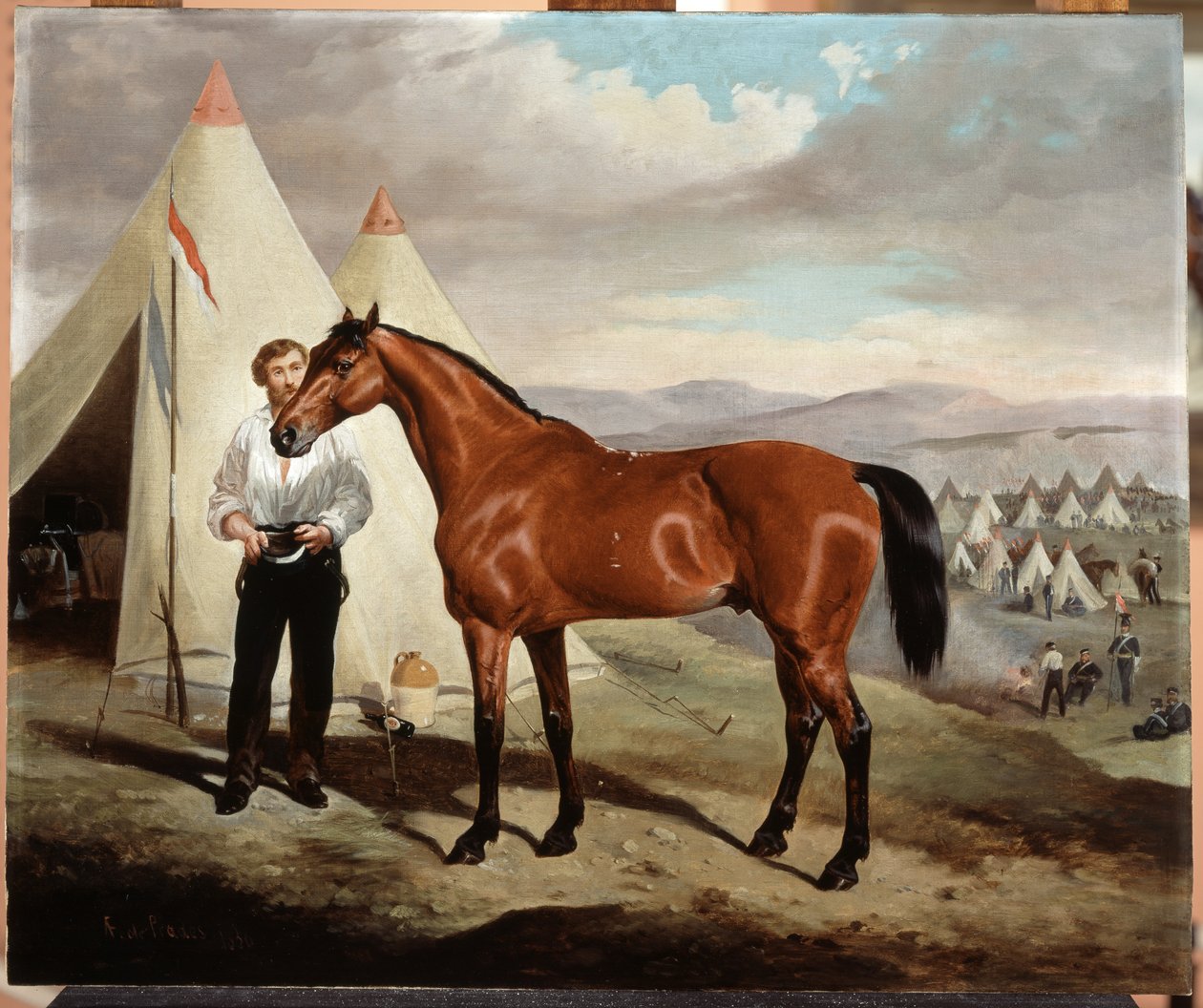 ブリッグス卿、第17ランサーのトレデガー卿（1831-1913）の馬、クリミア1854年、1856年のキャンプ 作： アルフレッド・ド・プラド