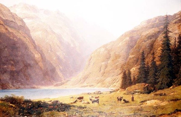 牛のいる山間の湖の風景 作： アルフレッド・シャヴァンヌ