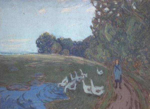 The Goose Girl, c.1895 （パステル画） 作： アルフレッド・シスレー