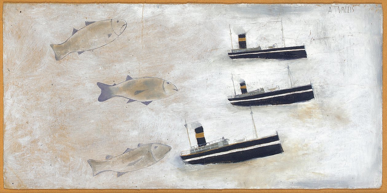 魚とトロール船（カードに鉛筆と油） 作： アルフレッドウォリス