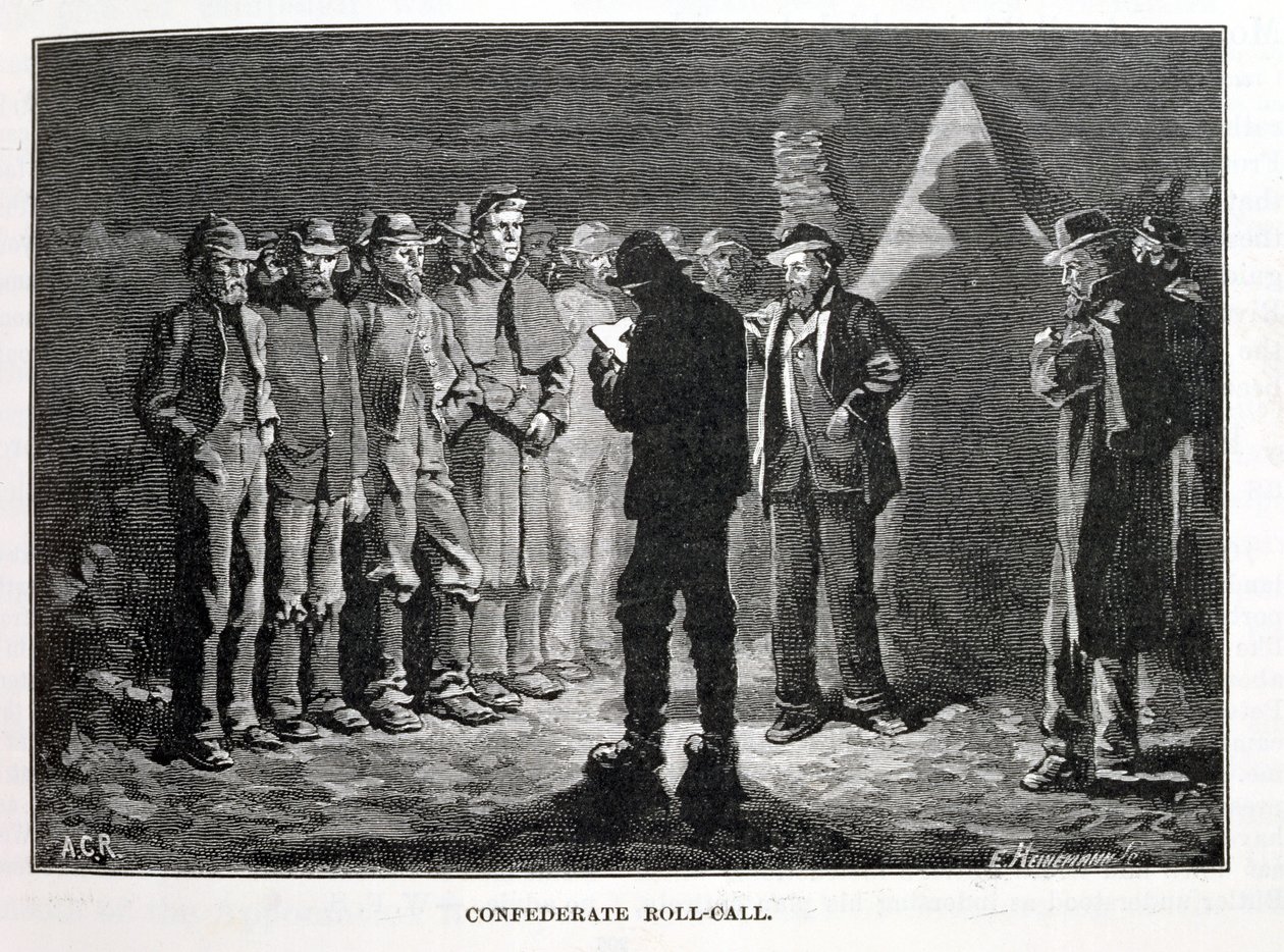 南軍のロールコール、エルンストハイネマン（1848年から1912年）によって刻まれたイラスト、「南北戦争の戦いと指導者」からのイラスト 作： アレン・カーター・レッドウッド
