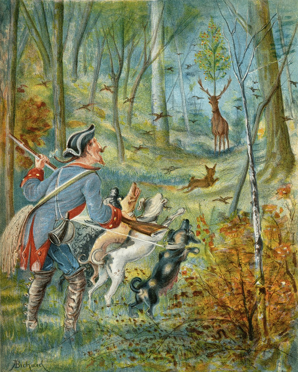 ルドルフ・エーリッヒ・ラスペ（1736-94）による「バロン・ミュンヒハウゼン男爵の冒険」から、桜の石でクワガタを撃ったことの影響について、1886年に出版 作： アルフォンス・アドルフ・ビチャード