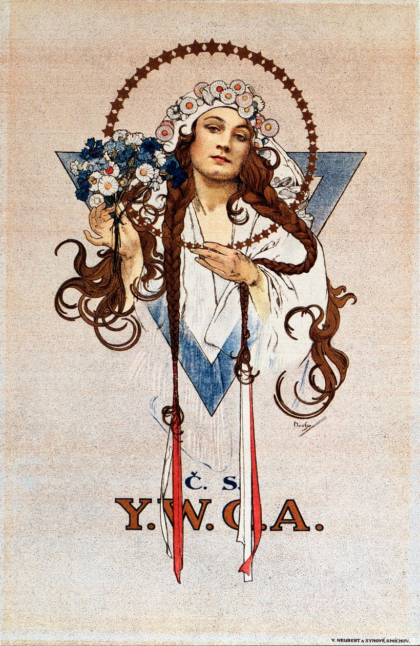 若い女性クリスチャン協会のチェコスロバキアYWCAポスターYWCA inチェコスロバキアリトグラフby Alphonse Mucha（1860-1939）1922 Dim 54x82 cm Private collection 作： アルフォンス・ミュシャ