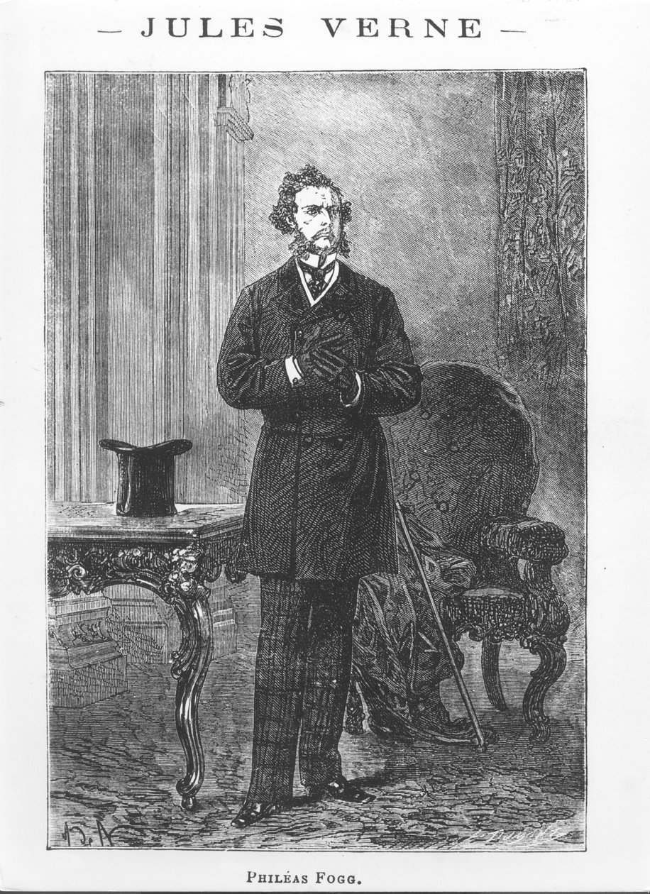 フィリアスフォッグの肖像画、ルイデュモン（b.1822）によって刻まれたジュールヴェルヌ（1828-1905）による「80日間の世界一周」のイラスト 作： アルフォンス・マリー・ド・ヌーヴィル