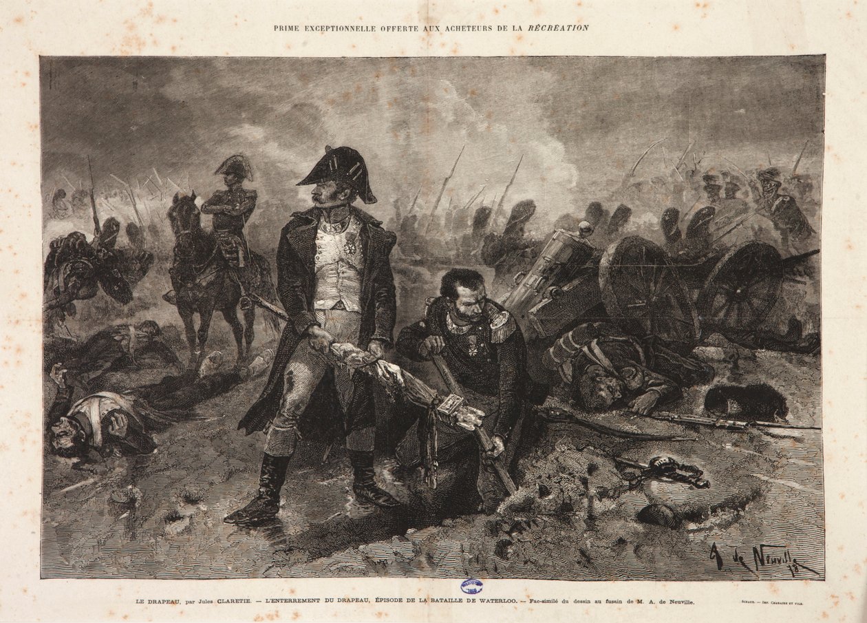旗の埋葬、ウォータールーの戦いのエピソード、1879年のジュールクレアティによって彫刻 作： アルフォンス・マリー・ド・ヌーヴィル