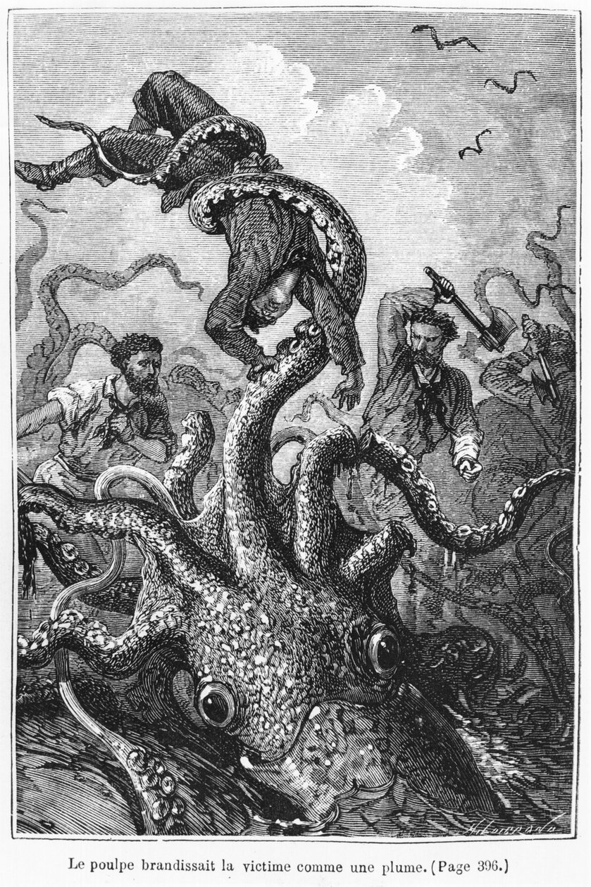 ノーチラスを攻撃するタコ、ジュールヴェルヌ（1828-1905）による「海底20,000リーグ」のイラストアンリテオフィルヒルディブランド（1824-97）による彫刻パリ、ヘッツェル、1877年に出版（engravin 作： アルフォンス・マリー・ド・ヌーヴィル