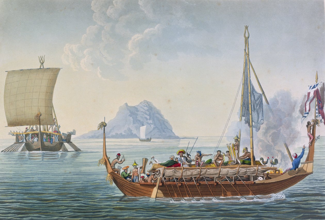 1825年に出版されたCoutantによって刻まれた「航海Autour du Monde sur les Corvettes de L&39;Uranie 1817-20」からのピサン島からの、グエベ島のコロコアの眺め 作： アルフォンスペリオン