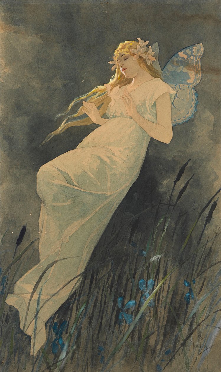 アイリスの花を持つエルフ、ca。 1886-1890。 作： アルフォンス・ミュシャ