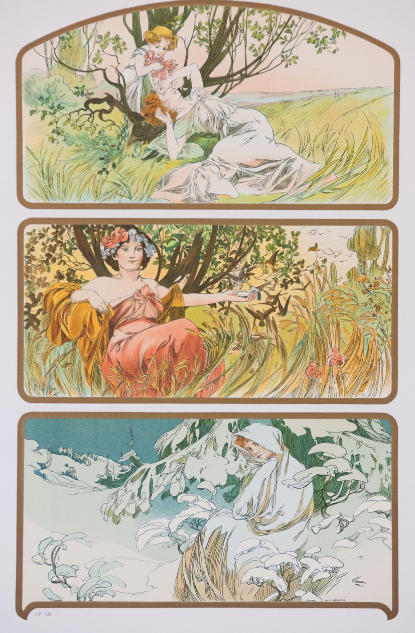 スリーシーズンズ、c。 1898年。 作： アルフォンス・ミュシャ