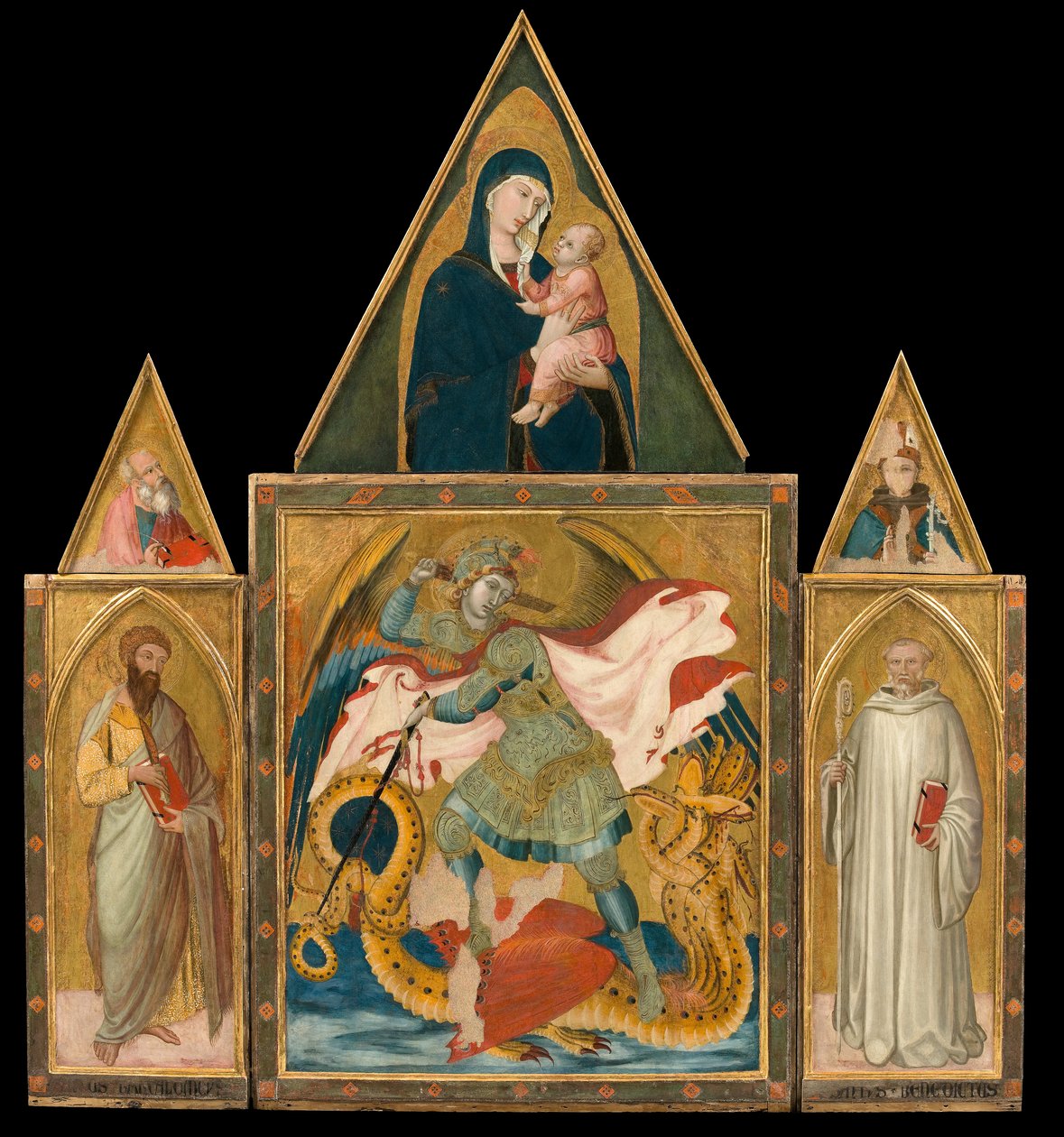 Ambrogio Lorenzetti-ロフェノ修道院ポリプティク。聖ミカエル、聖天使バーソロミューの間でドラゴンを倒す 作： アンブロージョ・ロレンツェッティ