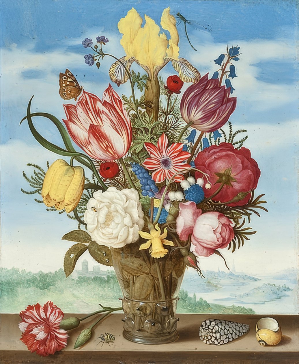 棚の上の花の花束。 1619年 作： アンブロジウス・ボスハールト長老