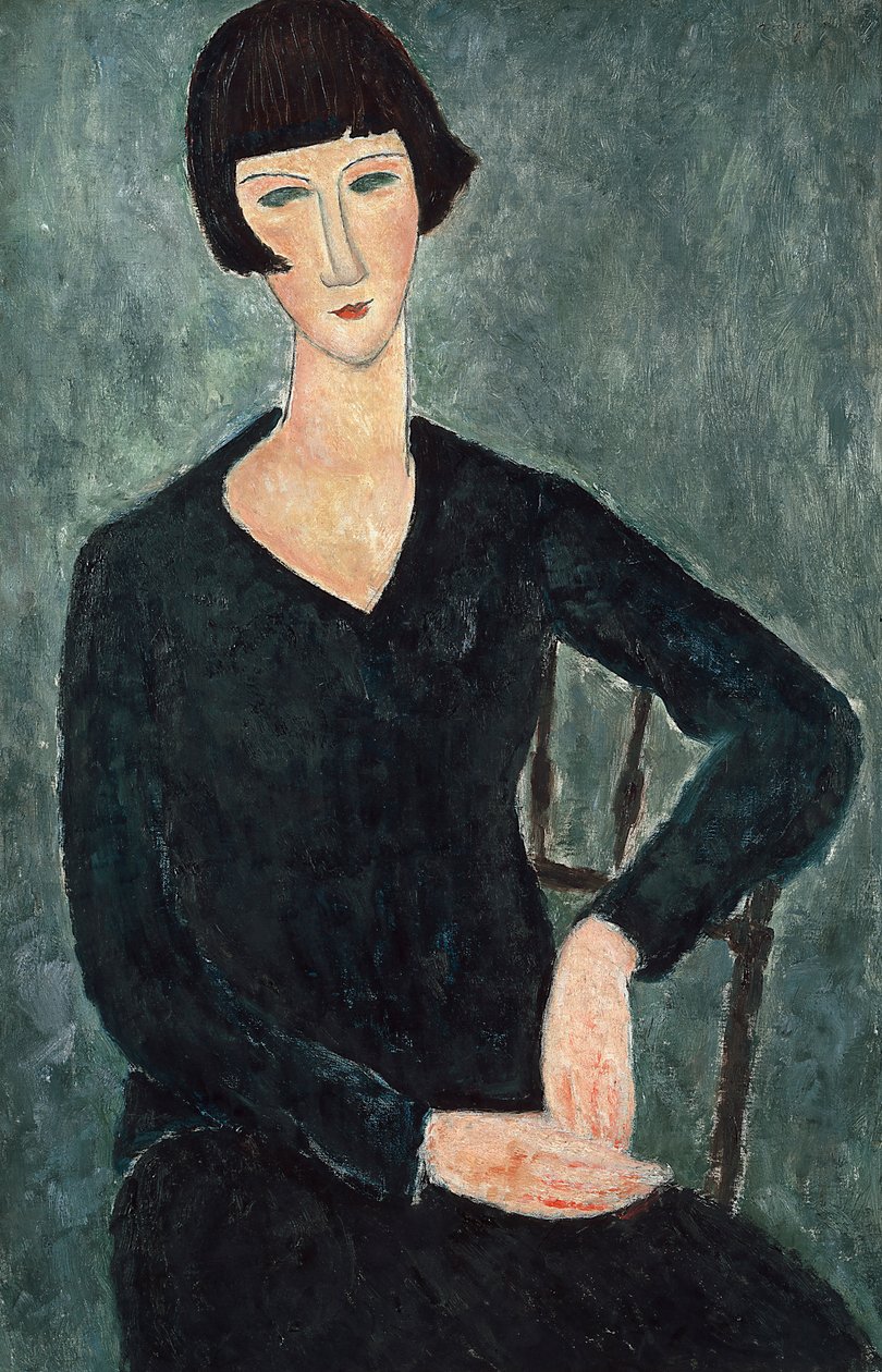 青いドレスを着た女性、1918～1919年。 作： アメデオ・モディリアーニ