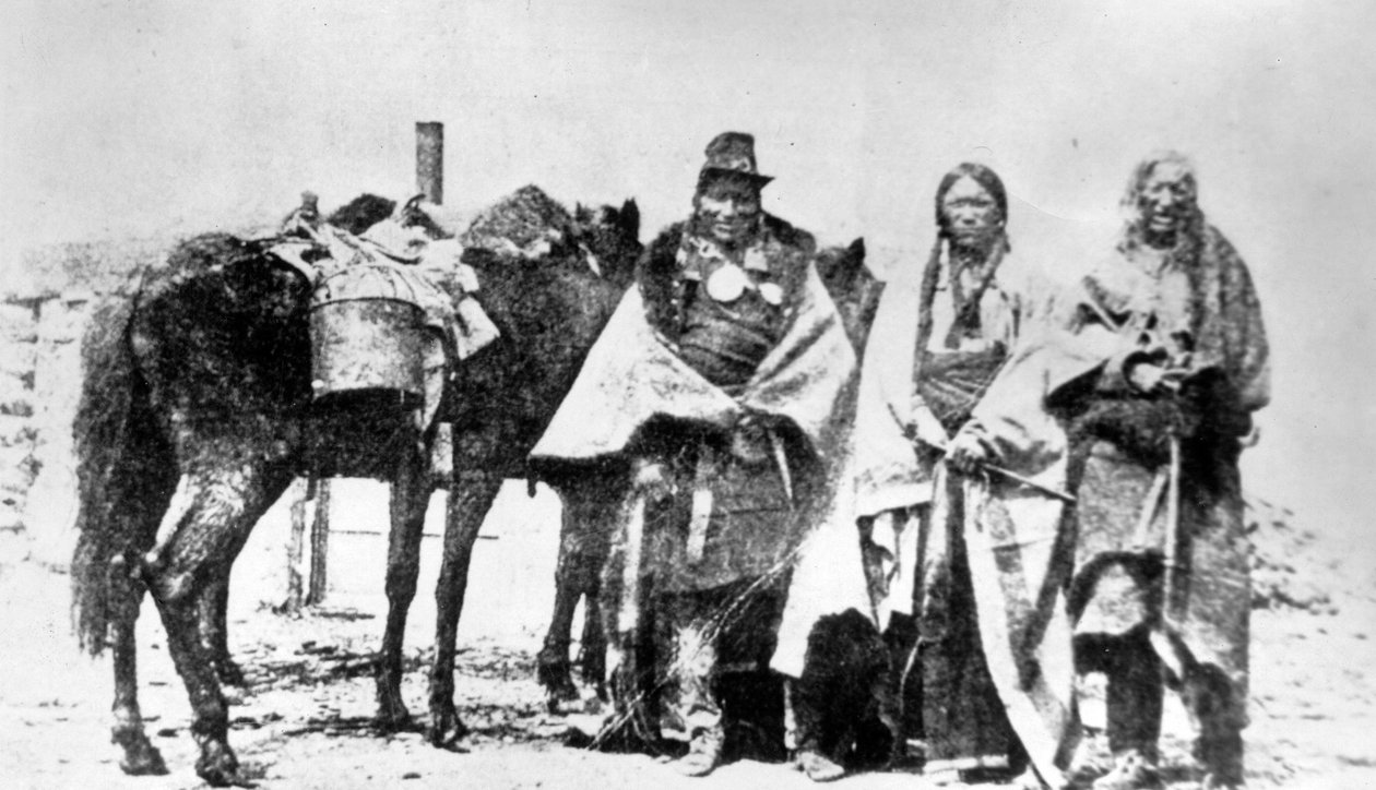 モーガン夫人とホワイト夫人の帰還のためにカスター将軍によって人質として拘束されたシャイアンの首長 作： アメリカの写真家