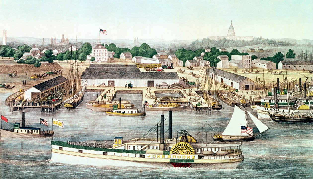 チャールズマグナス発行の1863年、ワシントンDCのシックスストリートワーフの鳥瞰図 作： アメリカの学校