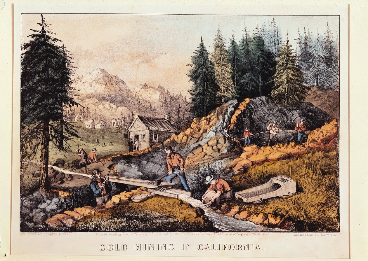 カリフォルニアの金鉱業、Currier und Ives、1871年発行（148180および32910も参照） 作： アメリカの学校
