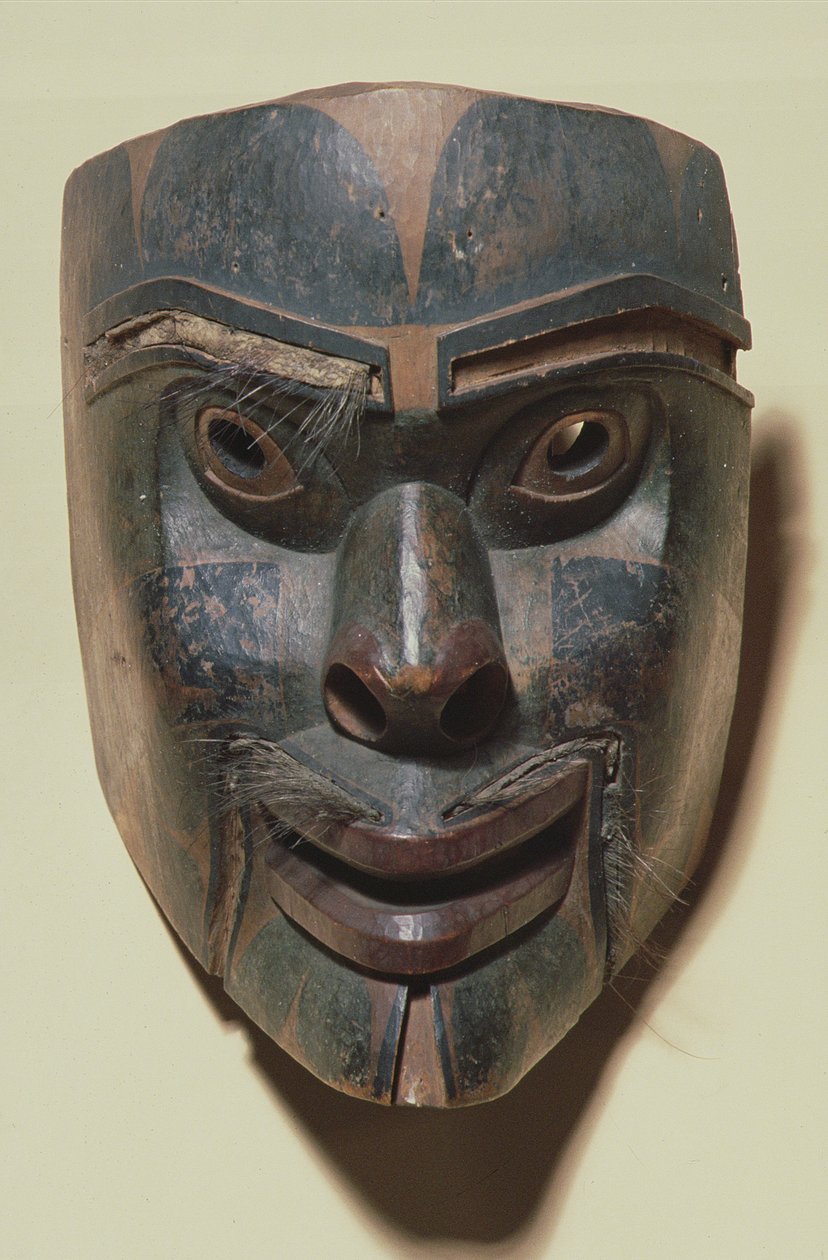 Kwakiutl人間のフェイスマスク、1875年頃（塗装済み木材） 作： アメリカの学校