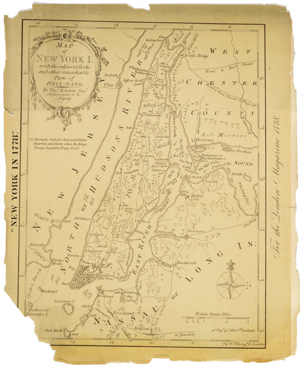 ヘルゲートの隣接する岩やその他の注目すべき部分を含むニューヨーク島の地図。1778年（紙に黒インク） 作： アメリカの学校