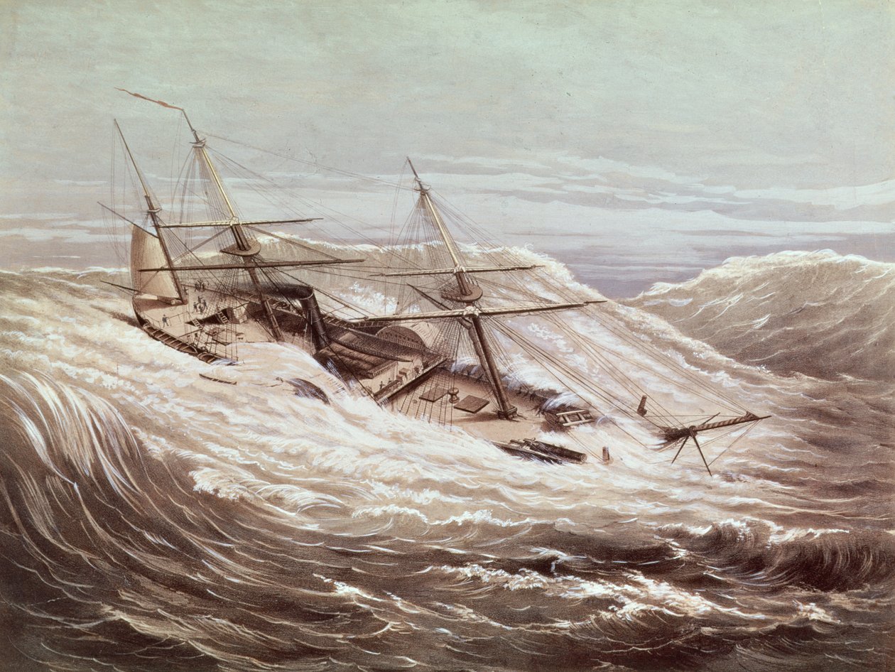 台風の中のミシシッピ蒸気フリゲート、1854年のCurrier und Ivesによって彫刻 作： アメリカの学校