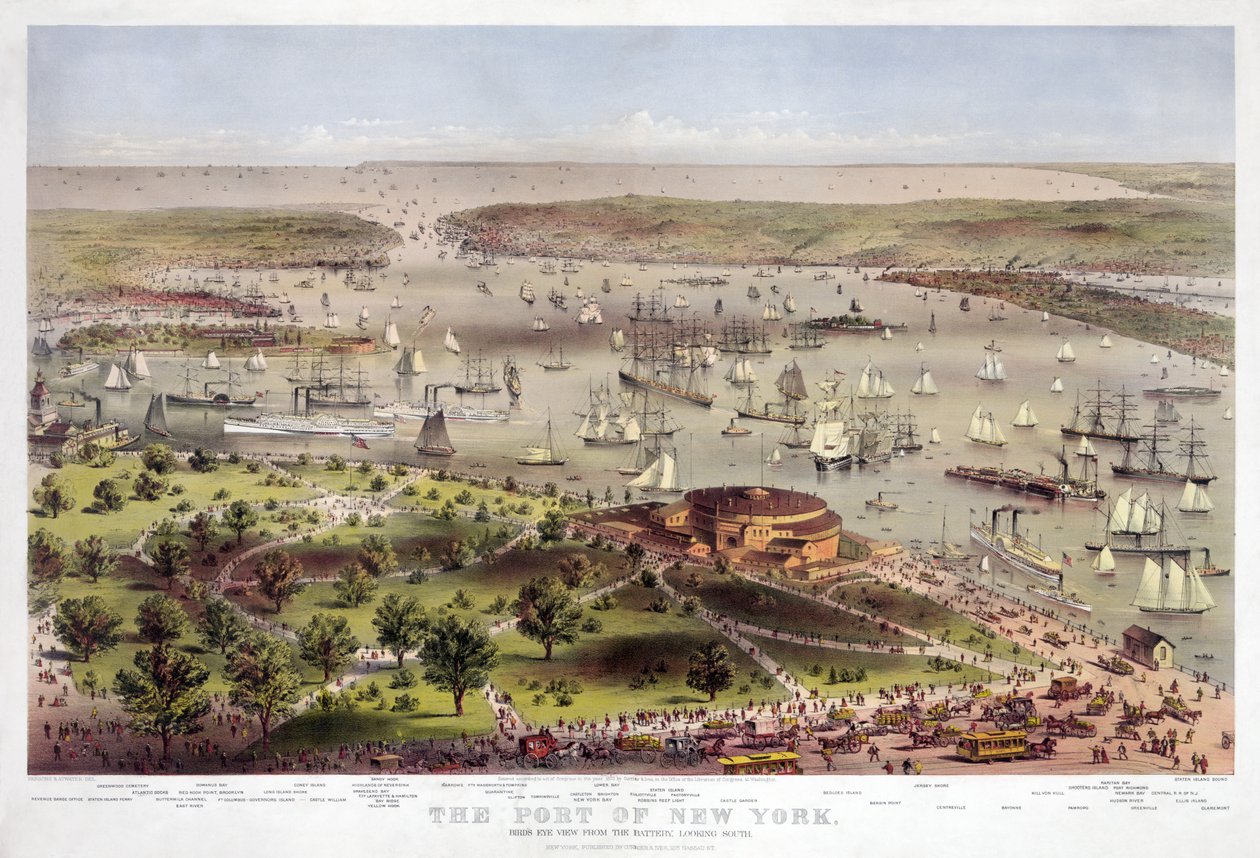 ニューヨークの港：バッテリーからの鳥瞰図、南向き、パブ。 1862（カラーリトグラフ） 作： アメリカの学校
