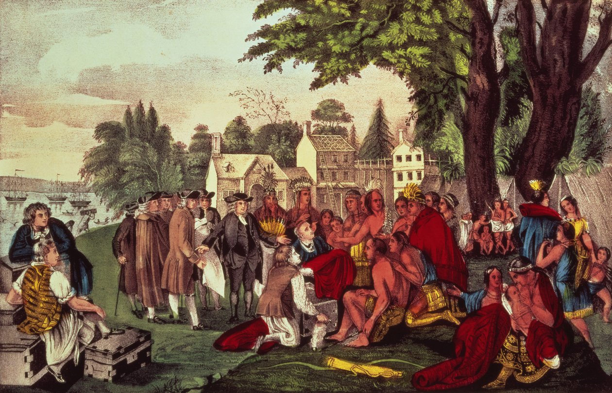 ウィリアムペンとインディアンとの条約、ペンシルベニア州、1661年にパブを設立したとき。 Currier und Ivesより 作： アメリカの学校
