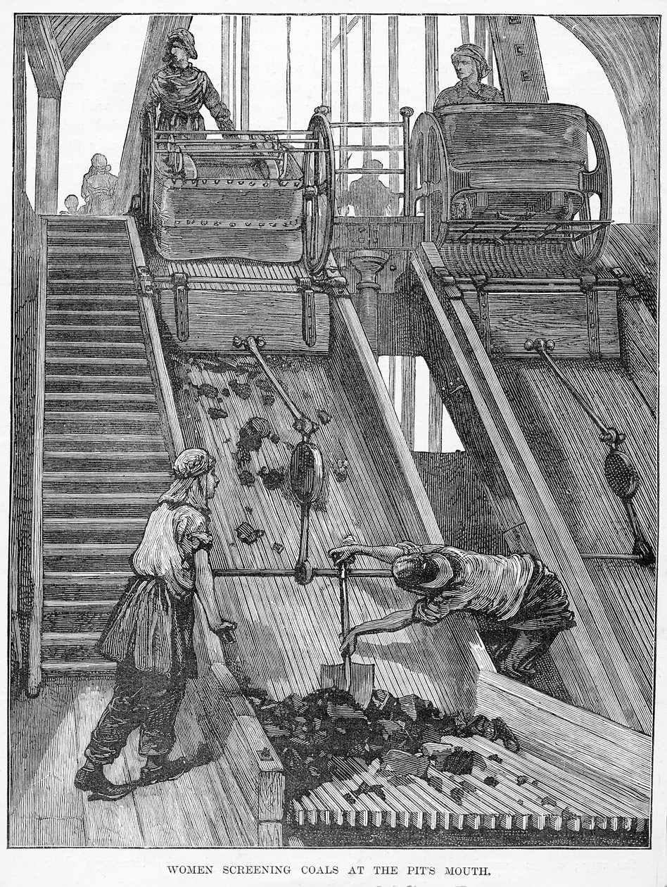 ピットの口で石炭を選別する女性、クララL.マトーの「The Wonderland of Work」からの画像、ニューヨーク州カッセルund co。が1884年に公開 作： アメリカの学校