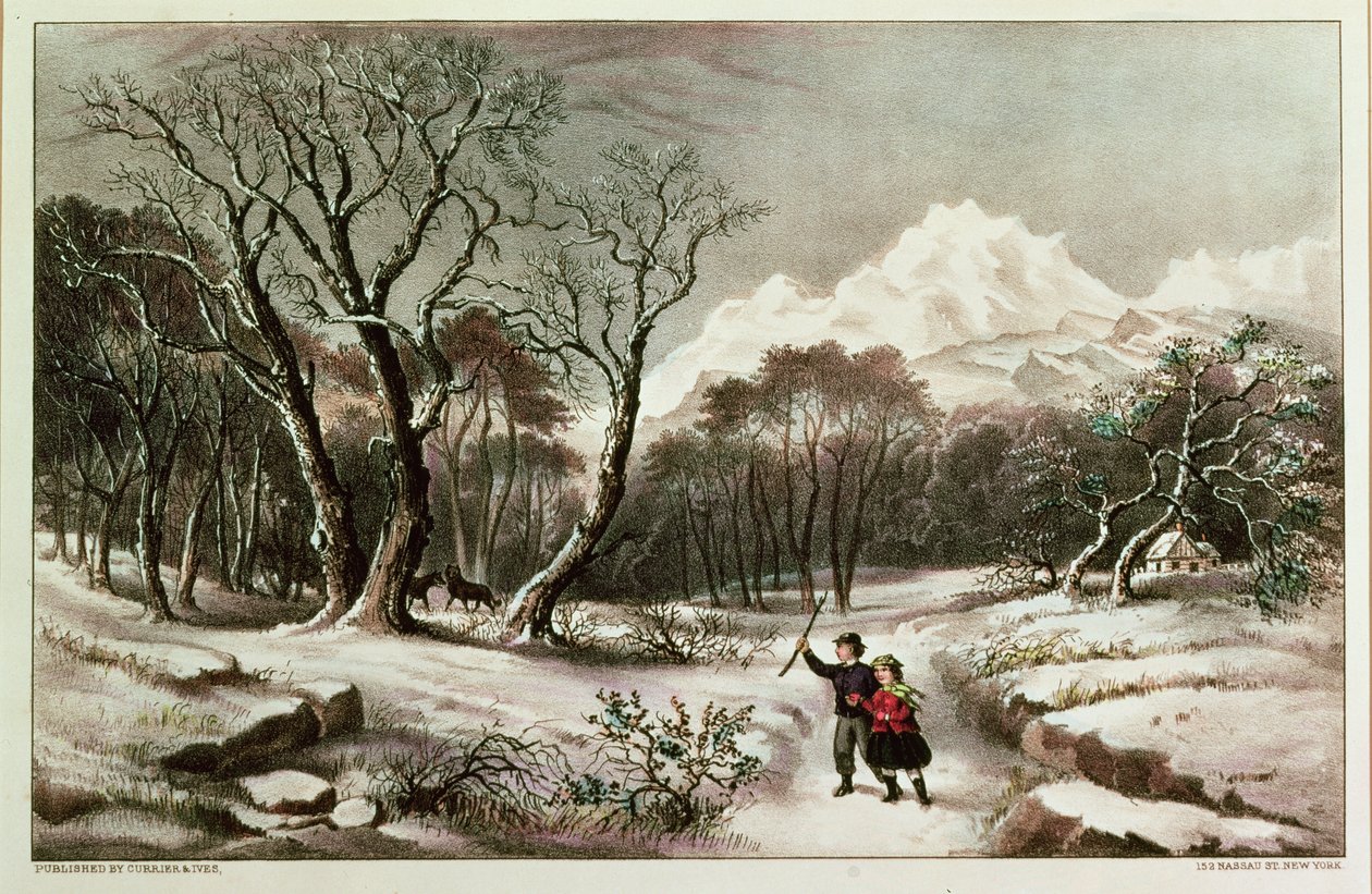 Nathaniel Currier（1813-88）とJames Merritt Ives（1924-95）によって出版された冬の森 作： アメリカの学校