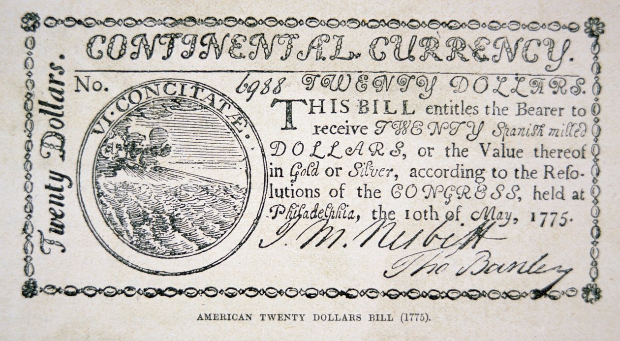 1775年のアメリカの20ドル札（リトグラフ 作： アメリカの学校