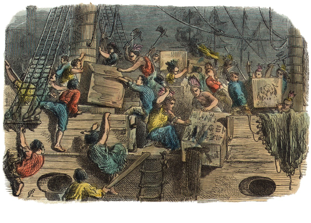 ボストン茶会、1860年代頃（手彩色のエングレービング 作： アメリカの学校