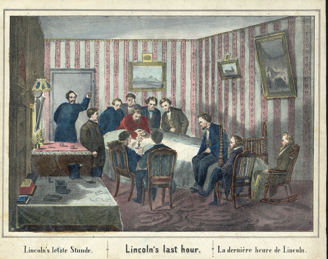 リンカーンの最期の時、pub.1865年（手彩色の彫刻）。 作： アメリカの学校