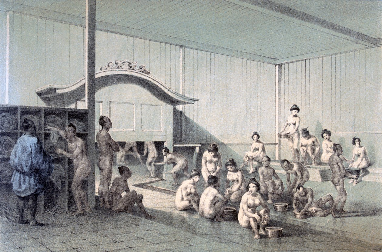 シモダの大浴場、1856年（着色されたアクアチント） 作： アメリカの学校